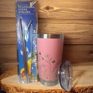 Charming Pink Floral Tumbler with Lid and Straws